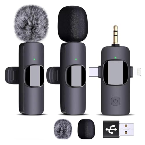 3 in 1 Wireless Lavalier Microphones for iPhone, ipad, Android, Camera, Mini Lapel Mic with Noise Reduction for Video Recording, Interview, YouTube, Live Stream, 2Mic