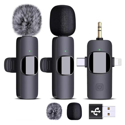 3 in 1 Wireless Lavalier Microphones for iPhone, ipad, Android, Camera, Mini Lapel Mic with Noise Reduction for Video Recording, Interview, YouTube, Live Stream, 2Mic