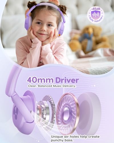 awatrue Kids Bluetooth Headphones, 85dB Volume Limiter, Purple HK02 | Foldable Wireless, Bluetooth 5.4, 75H Playtime, Built-in Mic, for iPad & Travel - color: Purple