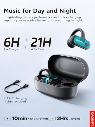 Lenovo Open Ear Clip On Earbuds X500 Bluetooth 6.0 Wireless Earbuds with 11 mm Drivers, Open Ear Ergonomic Design, Dual Device Connectivity, Built in Mic, Fast Charge, White - color: White