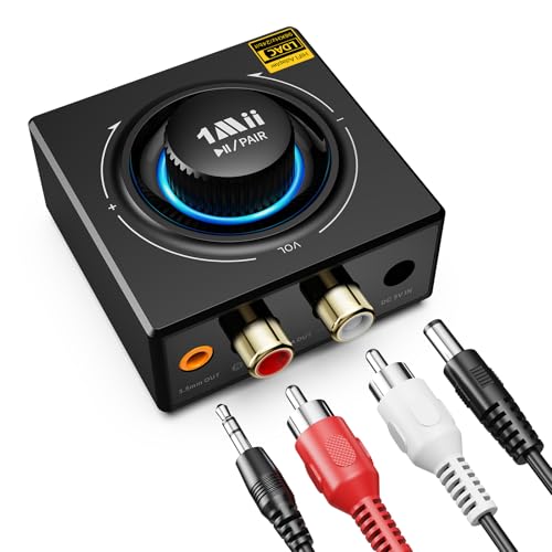 1Mii B06T3+ Bluetooth Receiver with LDAC for Home Stereo, Wired Speakers | Hi-Res Wireless Audio Adapter with aptX Low Latency & HD, Knob Volume Control, RCA/3.5mm AUX for Music Streaming