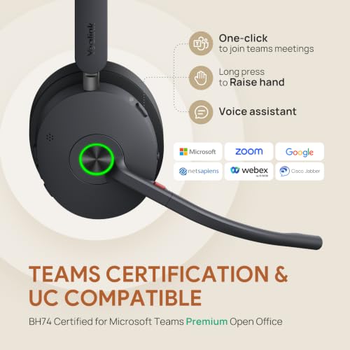 Yealink BH74 with Stand ANC Wireless Headset with Microphone for PC, Bluetooth Headset Noise Cancelling with 6 AI Mic, 32H Talk Time&Mute Button, Microsoft Teams Premium Open Office Certified for Work - color: Black (Teams), style: BH74 + stand