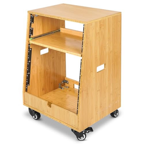 Sound Town DIY Solid Carbonized Bamboo Slanted 12U Studio Rack (4U Top + 8U Lower), with 2U Bottom Storage, Slide-Out Tray, Caster, For Recording Room, Home Studio (STBR-ST12T) - size: 12U(4U Top + 8U Lower),Carbonized Bamboo