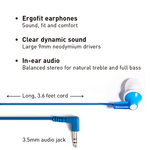 Panasonic ErgoFit In-Ear Earbud Headphones RP-HJE120-A (Blue) Dynamic Crystal-Clear Sound, Ergonomic Comfort-Fit - color: Blue, size: S/M/L, style: No Mic