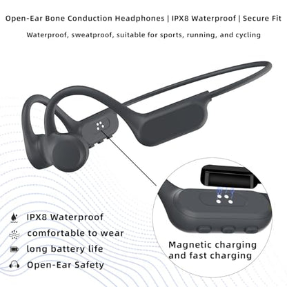 Sports bone conduction headphones, 6.0, wireless open-air headphones, with microphone, battery life up to 15 hours, IP68 waterproof rating, suitable for running and fitness exercises (black)