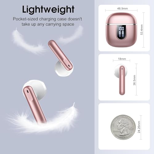 Wireless Earbuds, Bluetooth 5.4 Headphones with 3D Bass Stereo, 40H Ultralight In-Ear Buds, Bluetooth Earbuds with 4 ENC Noise Cancelling Mic, USB-C, IP7 Waterproof Earphones for Android iOS, Rose - color: Pink Gold