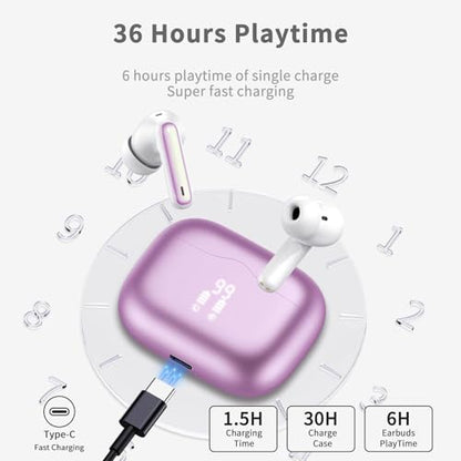 Wireless Earbuds, 2026 Bluetooth 5.4 Ear Buds in Ear with 4 ENC Noise Cancelling Mic, New Wireless Earphones HiFi Stereo Deep Bass 40H Playtime, In-Ear Bluetooth Earbuds LED Display IP7, Violet - color: Violet