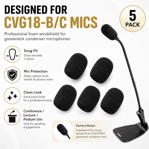 5-Pack Professional Foam Windshield for Shure CVG18-B/C - Studio-Grade Microphone Filter for Gooseneck Condenser Mics, Black Sponge Noise Reduction Covers