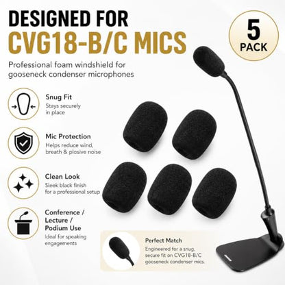 5-Pack Professional Foam Windshield for Shure CVG18-B/C - Studio-Grade Microphone Filter for Gooseneck Condenser Mics, Black Sponge Noise Reduction Covers