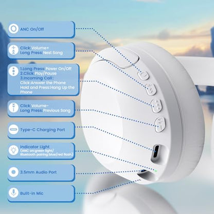 ATTACK SHARK G300 Wireless Over-Ear Headphones with Active Noise Cancelling,Bluetooth 5.3,40H Playtime,Deep Bass HD Stereo Sound,Built-in Mic,Comfortable Design for Travel/Home Office/Gaming-White - color: White