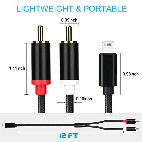 Lightning to RCA Cable Audio Aux Adapter, Stereo Y Splitter Adapter for Select iPhone iPad Models for Power Amplifier, Car, Home Theater, Speaker and More Silver 12FT - size: 12FT