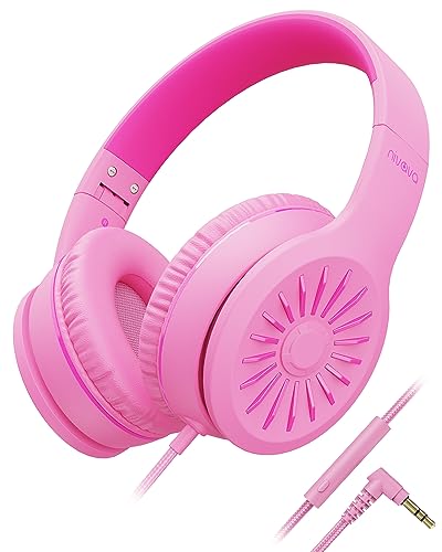 Wired Headphones with Microphone, K16 On-Ear Headphones for Kids with 3.5MM Jack, Foldable Stereo Bass Headphone for Teens School Amazon Kindle, Fire, Chromebook, Tablet (Pink Red)