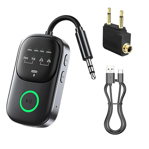 Bluetooth 5.4 Transmitter Receiver, 2-in-1 Wireless Audio Adapter for Airplane, TV, Car & Home Stereo, Connect 2 AirPods or Headphones, 3.5mm AUX Bluetooth Adapter with LED Display & Mic
