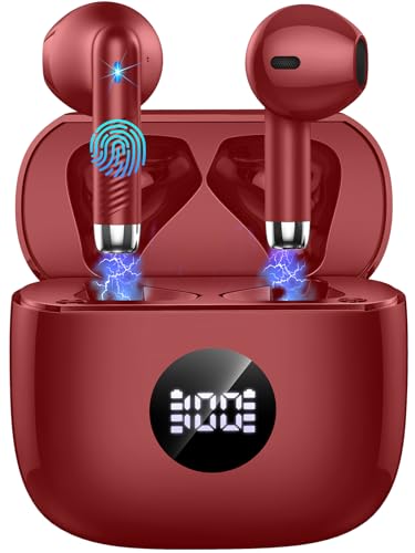 Jxrev Wireless Earbuds, Bluetooth Headphone 5.4, LED Power Display Ear Buds | Bass Stereo, Bluetooth Earbuds, in-Ear Noise Cancelling Mic, Playback Mini Case, IP7 Waterproof Sport Earphones, Android iOS - color: peach Wine red