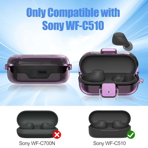 [with Safety Lock] for Sony WF-C510 Case Cover, Clear Soft TPU Protective Earbuds Case with Carabiner & Cleaner Kit Accessories Set(Clear Purple) - color: Clear Purple