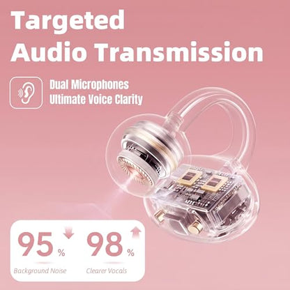 Wireless Earbuds with LED Makeup Mirror Case, Bluetooth 6.0 Open Ear Clip-On Headphones, Cute Pink Air Conduction Earphones for Women, Low Latency, Secure Fit for Running & Travel (Earring Pink) - color: Earring Pink