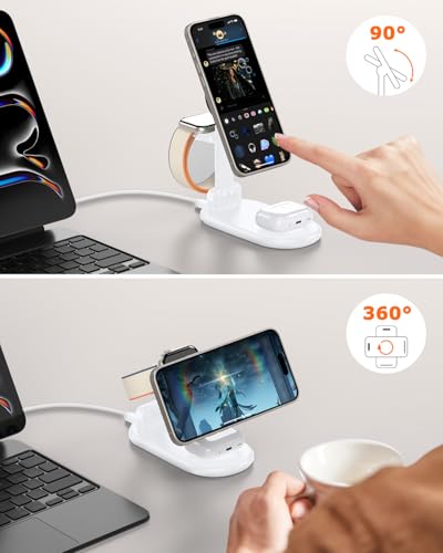 Magnetic Wireless Charger Mag-Safe 3 in 1 Charging Station Foldable | 15W Max Wireless Charging Stand for iPhone 17/16/15/14/13/12, Fast Travel Charger for Multiple Devices iWatch Airpods (White)