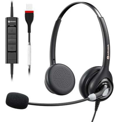 Arama Dual USB Headset with Microphone for PC, Computer, Laptop, USB-A/C | Noise-canceling Mic, Plug-and-play, Soft Ear Cushions, Lightweight, Stereo Sound, Wide Compatibility with PC/Laptop/Computer