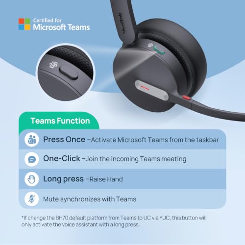 Yealink BH70 Mono Bluetooth Teams Headset with AI Mic for Work from Home PC | 3 Microphone Sound Isolation, Microsoft Teams & Zoom Certified, Compatible with Cisco Zoom Google, 35h Talk, USB-A dongle - color: Black(Mono), style: Teams(USB-A)