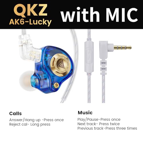 Qkz Ak6 Lucky in Ear Monitor, HiFi Wired Earbuds, Tunable Sound Wired Headphones Gaming Earbuds with 3-Level Adjusting Switch, Detachable Cable for Music Gaming Video Calling (Blue) - color: Blue