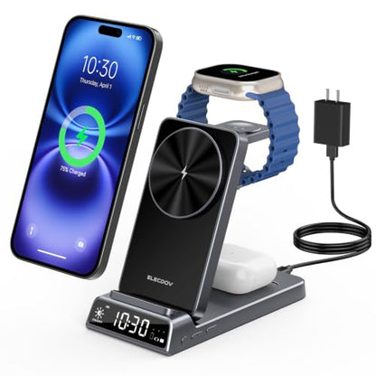 3 in 1 Charging Station for Apple, Travel Wireless Charger with Clock | ELECDOV Magnetic Charger for iPhone, Foldable Watch Charger Stand for iPhone 17/Air/16/15 Series, iWatch 10/AirPods 4 (Grey) - color: Grey