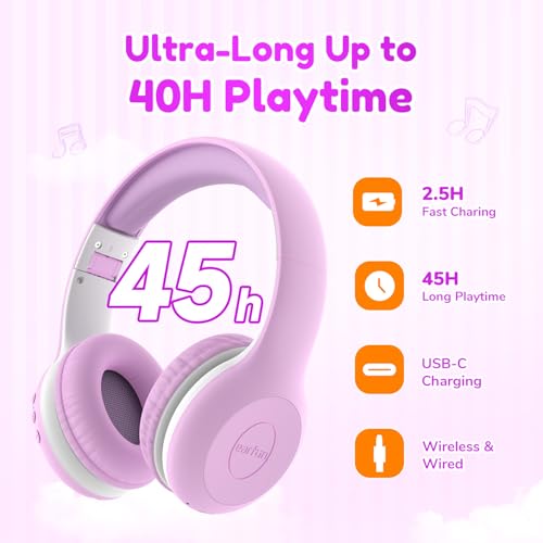 EarFun K2 Kids Bluetooth Headphones for School, Kids Headphones with Mic | Volume Limited, 40H Playtime, Built-in Mic, Stereo Sound, Foldable Over-Ear Headphone for Kids/Toddler/Travel/Tablet, Violet - color: Violet