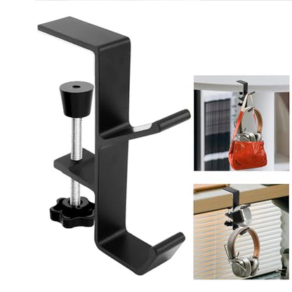 Desk Mount Headphone Hook Bag Holder Hook Clamp,Headphone Hanger and Backpack Hanger with Double Hooks,Universal Aluminum Alloy Gaming Headphone Stand Under Desk (Black) - color: Black