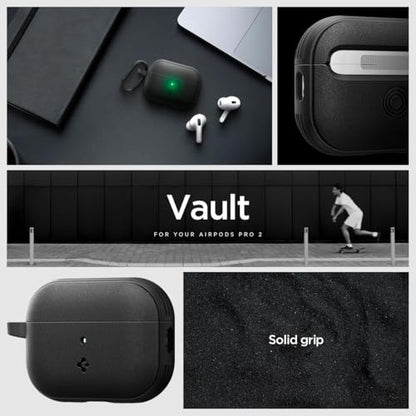 Caseology by Spigen Vault Designed for AirPods Pro 2 Case (2022/2023) | Non-Slip Grip Texture, Drop Protection Cover with Carabiner, Wireless Charging Compatible - Matte Black