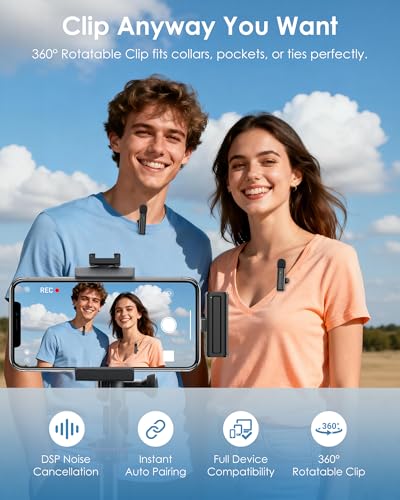 Wireless Mini Microphone for iPhone, iPad, Android Phone, 2 Pack Lavalier Mic with 360° Rotatable Clip, Plug and Play Noise Reduction USB-C Lapel Mic for Video Recording YouTube Content Creators