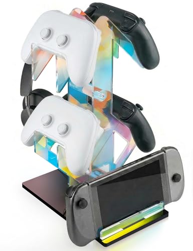 NiHome Iridescent Acrylic 2-Tier Universal Game Controller Headset Holder Rack, Modern Storage Organizer for PS5 Xbox ONE Switch Game Controllers and Headphones Anti-Slip Stable Gaming Accessory Stand - size: Iridescent Double-Sided 2-Tier