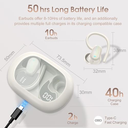 Wireless Earbuds, Bluetooth 5.4 Headphones Sport, Over Ear Buds with ENC Noise Canceling Mic, Deep Bass Stereo Ear Buds with Hook, 50H Playback, LED Display, IP7 Earphones for Workout Running, White | 50H Playback, IP7 Waterproof Earphones for Workout Run