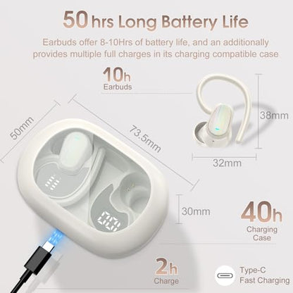 Wireless Earbuds, Bluetooth 5.4 Headphones Sport, Over Ear Buds with ENC Noise Canceling Mic, Deep Bass Stereo Ear Buds with Hook, 50H Playback, LED Display, IP7 Earphones for Workout Running, White | 50H Playback, IP7 Waterproof Earphones for Workout Run