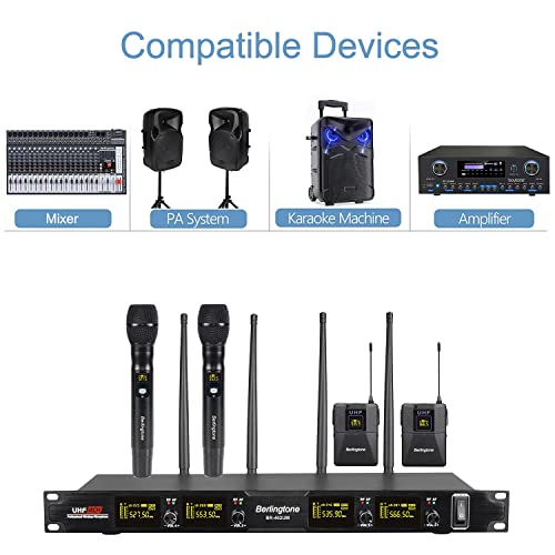 Pro Wireless Microphone System, 4-Channel UHF Wireless Mic Set with 2 Handheld Microphones, 2 Bodypack/Headset/Lapel Mics, Metal Cordless Microphone Base for Church, Singing, DJ (BR-402UM)
