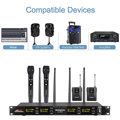 Pro Wireless Microphone System, 4-Channel UHF Wireless Mic Set with 2 Handheld Microphones, 2 Bodypack/Headset/Lapel Mics, Metal Cordless Microphone Base for Church, Singing, DJ (BR-402UM)