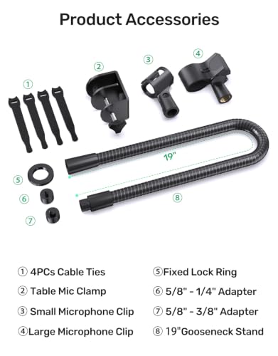 19 Inch Gooseneck Microphone Holder for Podium, 【Heavy-Duty】 2.5 lb Max | Thickened Aluminum Flexible Gooseneck, 2 Mic Holders, 1/4" and 3/8" Adapters, Desk Clamp, Ideal for Gaming, Podcast - size: Heavy-Duty Clamp