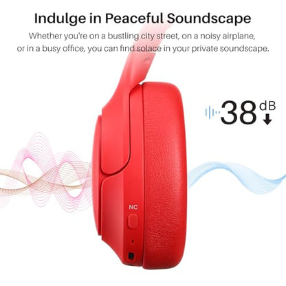 TOZO Hybrid Active Noise Cancelling Headphones, Hi Res Audio | Wireless Over Ear Bluetooth Headset, 60H Playtime, Custom EQ via App Deep Bass Comfort Fit Ear Cups, for Home Office Travel - color: Red
