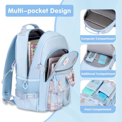 ACESAK Backpack for Girls with Headphones - Girls Backpack with Lunch Box, Pencil Case & Kids Headset - 3.5mm Wired Headphones for School Bookbag Schoolbag Set Back To School Gift (Blue) - color: Blue