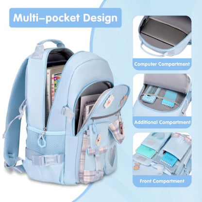 ACESAK Backpack for Girls with Headphones - Girls Backpack with Lunch Box, Pencil Case & Kids Headset - 3.5mm Wired Headphones for School Bookbag Schoolbag Set Back To School Gift (Blue) - color: Blue