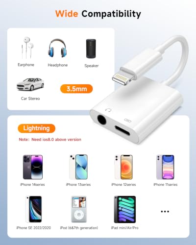 [MFi Certified] 2-in-1 Lightning to 3.5mm Audio & Charger Splitter for Headphones & Fast Charge, Compatible with iPhone 14/13/12/11/X/8/iPad - Car AUX, Gaming, Live Streaming, Work & Travel (2, White) - color: White-2Pack