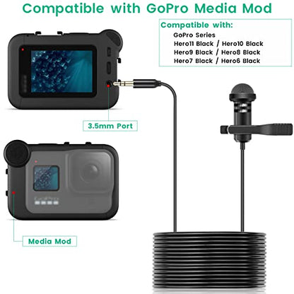 Lavalier Mic for GoPro HERO13 12 11 Black & Mission 1 Pro Action Cams, 10ft - size: 10 Feet