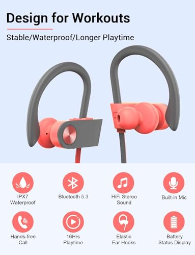 Bluetooth 5.3 Headphones, Wireless Sports In-Ear Earbuds IPX7 Waterproof | 16 Hours Playtime, Sweatproof Stereo Earphones with MIC, Noise Cancelling Headsets for Gym Running Workout, Clear Sound - color: PinkGrey