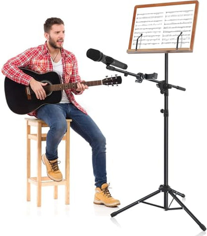 3-in-1 Sheet Music Stand with Phone and Microphone Holder, Brown Wooden , Folding Desktop Book Stand Liftted Metal Support Adjustable Design