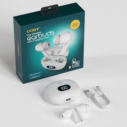 Coby True Wireless Earbuds with LCD Battery Readout Charging Case, Mini Bluetooth in-Ear Headphones with Built-in Mic, Lightweight Design, Noise-Isolating and Secure Fit, 10-Hour Playtime, White - color: White