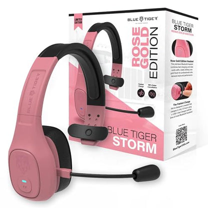 Blue Tiger Storm Rose Gold- Wireless Trucker Bluetooth Headset with Mic | Mono headset with mic, wireless noise canceling, high-fidelity sound, 30-hour talk time, USB-C charging, Bluetooth 5.0 - color: Rose Gold, style: Storm Rose Gold