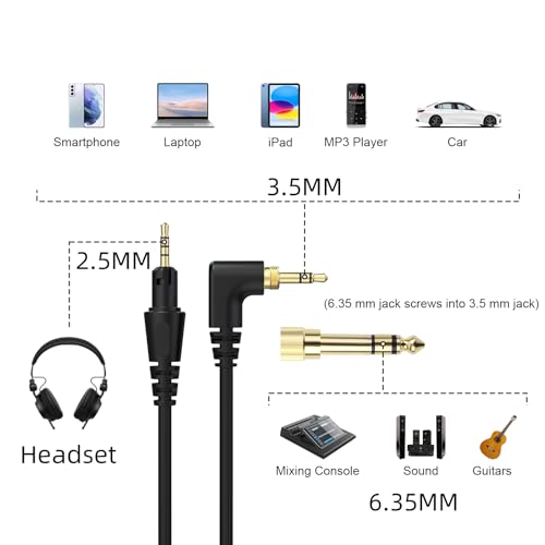 Sqrmekoko Replacement Audio Cable for Pioneer HDJ-X7/X5/S7/CX – 2.5mm to 3.5mm & 6.35mm AUX Cord, Gold-Plated Jacks, 5.6ft L-Shaped Plug