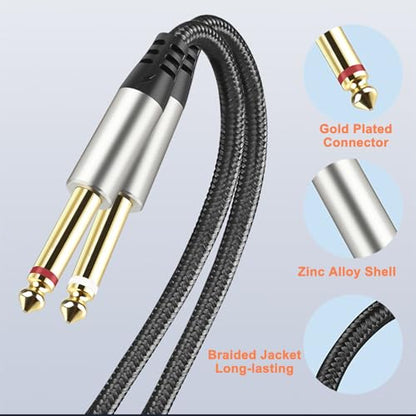 DTECH 5ft 3.5mm to 1/4 Adapter Audio Stereo Cable TRS 1/8 to Dual Quarter Inch TS 6.35mm Y Splitter Guitar AMP Aux Cord for Headphones Jack Laptop Speaker Phone Mixer - size: 5ft