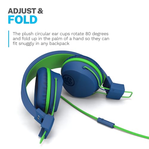 JLab JBuddies Studio Kids on-Ear Wired Headphones with mic, Volume Limiter, Folding, Adjustable, Noise Isolation, Blue/Green - color: Blue/Green, size: Headphones