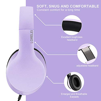 Lorelei X6 Over-Ear Headphones with Microphone, Purple-Black Lightweight Foldable & Portable Stereo Bass, Wired for Smartphone & Tablet, MP3 (1.45M No-Tangle) - color: Purple-black