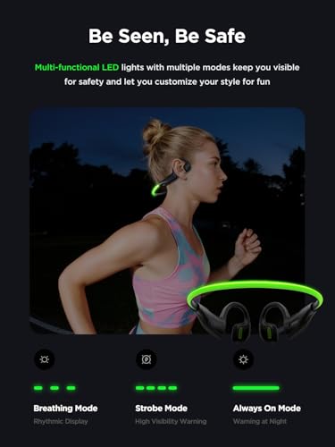 HAKII Light 2 Open Ear Headphones, IPX5 Running Headphone with 180° Ultra-Bright Beacon String, BT 6.0, 16H Playtime, Air Conduction Headphones Open Ear Earbuds for Fitness, Cycling, Outdoor - Green