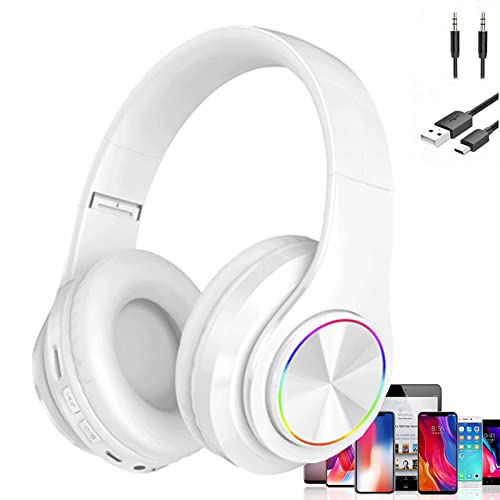 Over Ear Kids Bluetooth Headphones, Colorful LED Lights Headphones with Built-in Mic, Wired & Wireless Lightweight Foldable HiFi Stereo Headset for Gift, Tablet, Adult, Game(White) | Colorful LED Bluetooth Over-Ear Headphones White, HiFi Stereo with Mic,